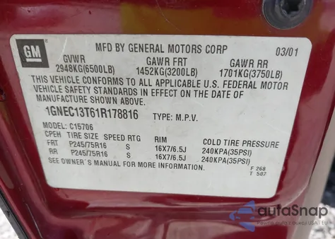 2001 Chevrolet Tahoe Ls из США, поврежденный, VIN 1GNEC13T61R178816